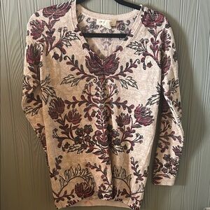 Floral V-Neck Sweater - Cream and Burgundy